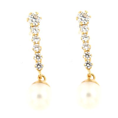 Pendientes oro hilera Circonitas con Perla (Oro 9K)