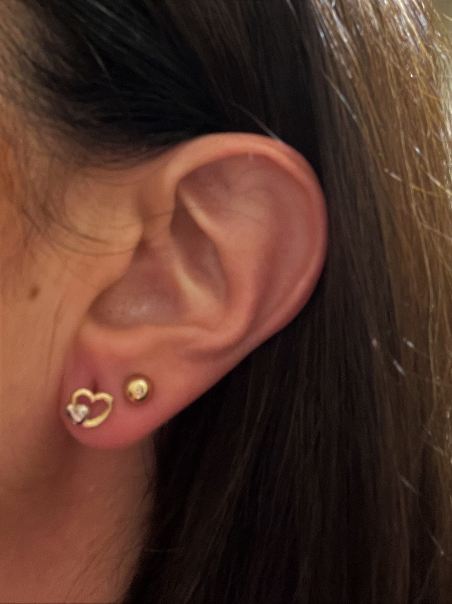 Pendientes oro niña Doble corazón con corazoncito Oro blanco (Oro 9K)