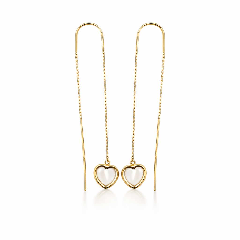 Pendientes Oro largos corazón nácar (Oro 9K)