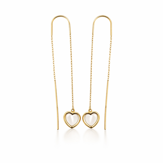 Pendientes Oro largos corazón nácar (Oro 9K)