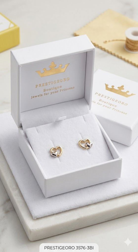 Pendientes oro niña corazón amarillo con corazoncito Oro blanco (Oro 9K)