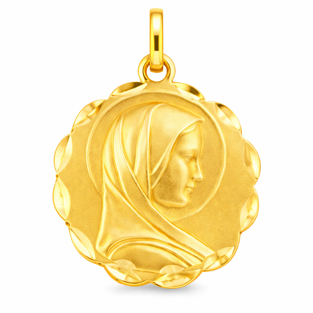 Medalla Virgen María Redonda en Oro de 18K con Borde Tallado