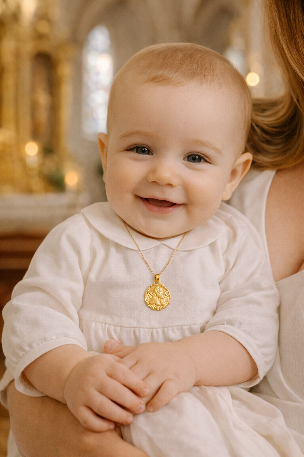Medalla Ángel de la Guarda Redonda en Oro de 18K con Borde Tallado - 15mm