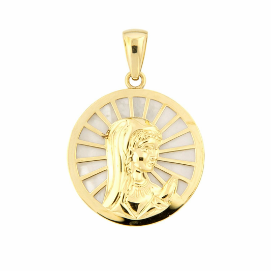 Medalla Virgen Niña en Oro de 18K con Nácar – Especial Comunión 16 mm