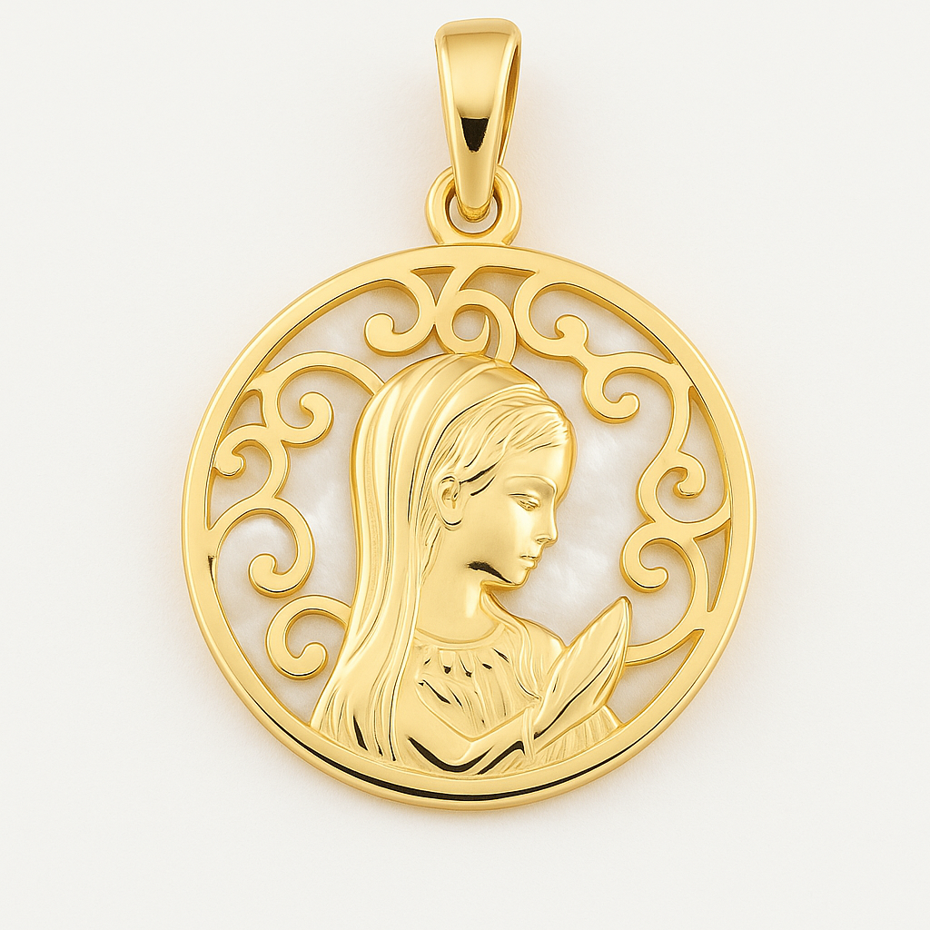 Medalla oro Virgen Niña nácar Filigrana (Oro 18k)