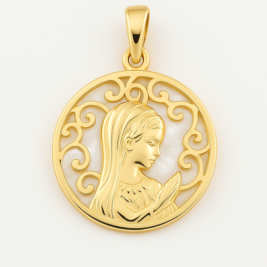 Medalla oro Virgen Niña nácar Filigrana (Oro 18k)