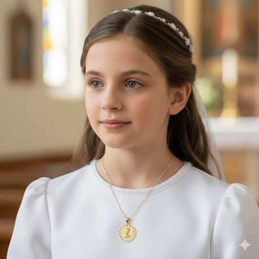 Medalla comunión Virgen niña calada (Oro 18K)