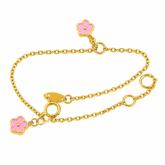 Pulsera Niña 2 flores rosas (Oro 9K)