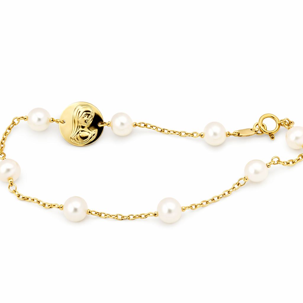 Pulsera comunion de Perlas y Virgen Niña Oro 18K