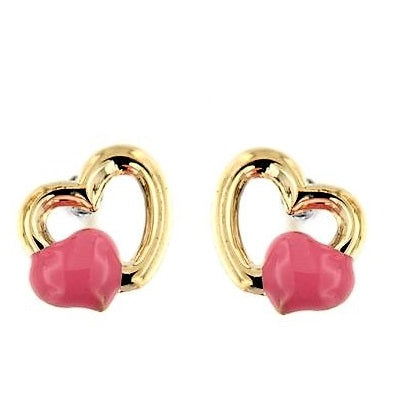 Par de Pendientes corazón con corazoncito rosa (Oro 9K)
