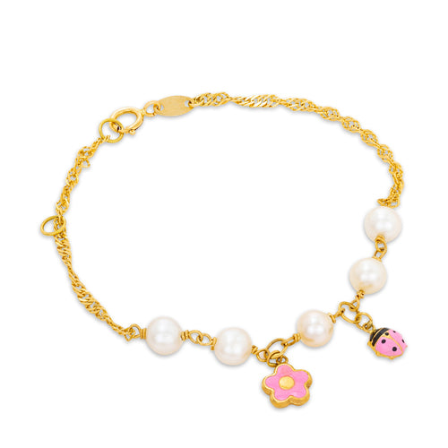 Pulsera 5 Perlas, Flor y Mariquita Rosa (Oro 18K)